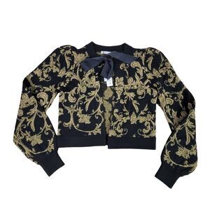 Alice & Olivia Kitty puff sleeve black gold cardigan women's size XS NWOT